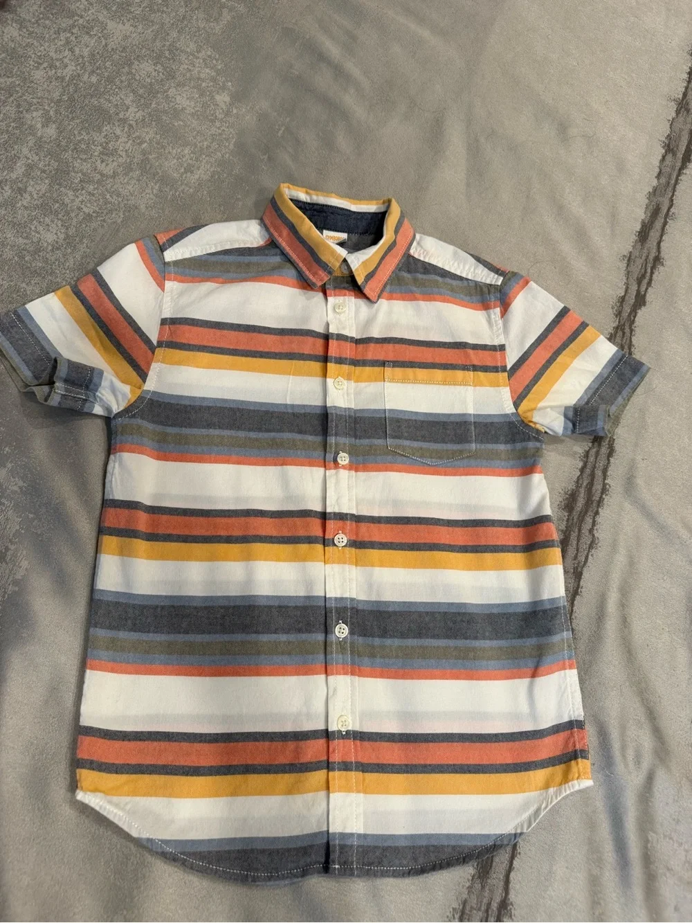 Kid”s Short-Sleeve Button-Up Shirt in White with Yellow, Blue & Orange Stripes
